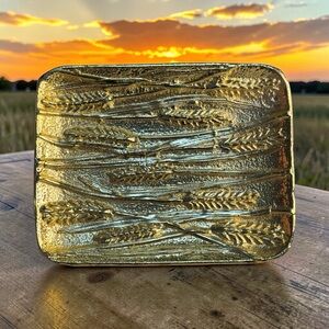 Rare Signed Michael Aram Wheat Rectangle Gold Tone Trinket Dish Catch All Shiny